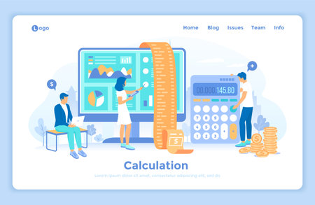 Calculation, bookkeeping, economic audit, financial analysis, tax accounting, bill payment. People work with documents, invoice, bill. landing web page design template decoratedのイラスト素材