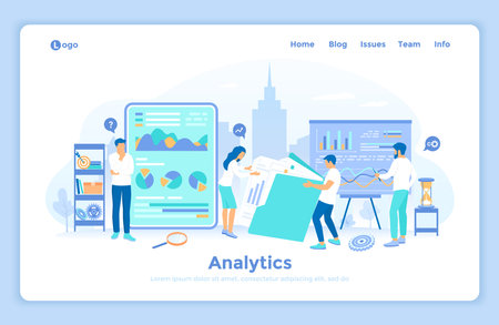 Analytics, analysis, analyzing, data processing, success strategy. A team of specialists analyzes documents, graphics, charts. landing web page design template decorated with peoplのイラスト素材