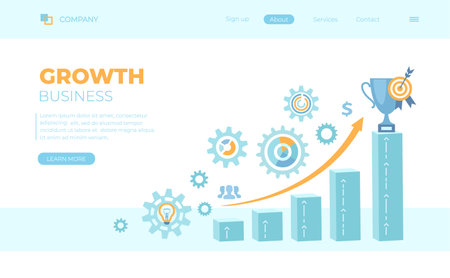 Business growth, Financial success, Planning, Working, Management, Marketing. Perspective. Growth steps, arrow, graphs, charts, winner's cup, target. Can use for web banner, landinのイラスト素材