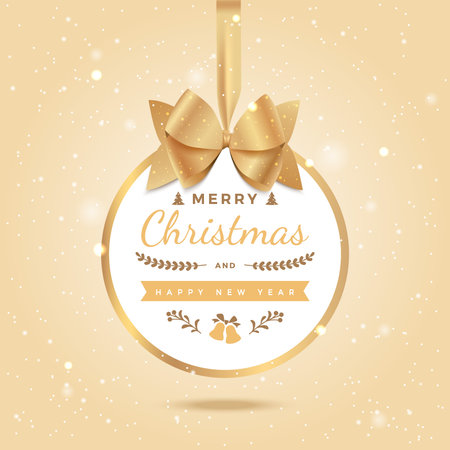 Merry Christmas and Happy New Year Greeting Background. Xmas card. Ball with gold bow and ribbonのイラスト素材