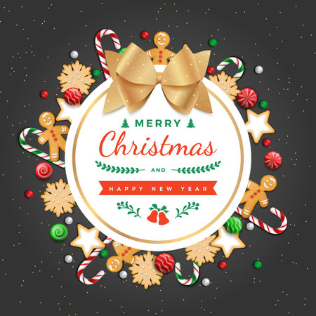 Merry Christmas and Happy New Year Greeting Background Card with traditional sweets, cookies, candy cane, gingerbread man and gold bow.のイラスト素材