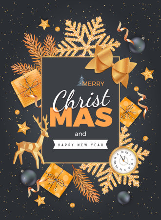 Merry Christmas and Happy New Year Greeting Background. Xmas card. Banner template. Golden snowflakes with confetti, gift boxes, wall clock, fir branches, deer, balls, stars.のイラスト素材