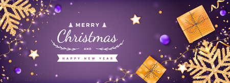 Merry Christmas and Happy New Year Greeting Background. Banner template. Xmas card. Snowflakes with gold confetti, gift boxes, garlands, bolls.のイラスト素材