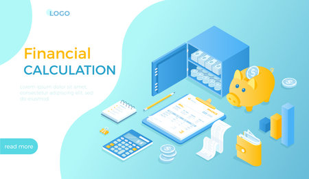Financial calculation. Bookkeeping, audit, data analysis, reporting, tax accounting. Safe with money, piggy bank, documents, invoices. Isometric vector illustration for website.のイラスト素材