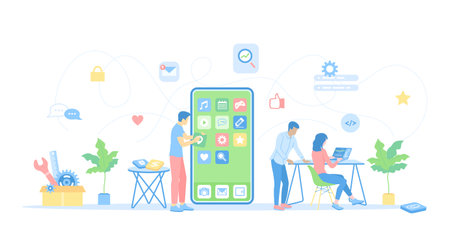 Mobile App Development, Software Management, UI, UX. The team of programmers is developing new mobile applications on big phone. Vector illustration flat style.のイラスト素材