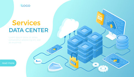 Data Center Cloud Services. Information processing, hosting, provider, storage, networking, management, distribution of data. Server racks, database, cloud. Isometric vector illustrationのイラスト素材