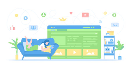 Blogging. Blog post writing, social network page, content making. Girl lying on the couch at home writes texts, messages, shares photos and videos. Vector illustration flat style.のイラスト素材