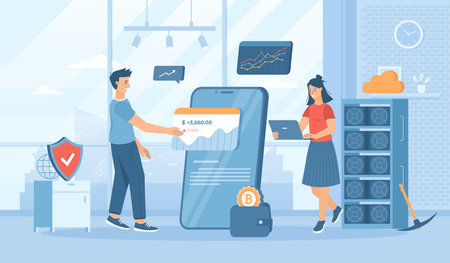 Cryptocurrency technology. Digital money investment, crypto coin mining, marketplace. Flat cartoon vector illustration with people characters for banner, website design or landingのイラスト素材