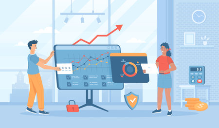 Digital business concept. Experts analyze virtual data. Management, planning, strategy development online. Flat cartoon vector illustration with people characters for banner, websiのイラスト素材
