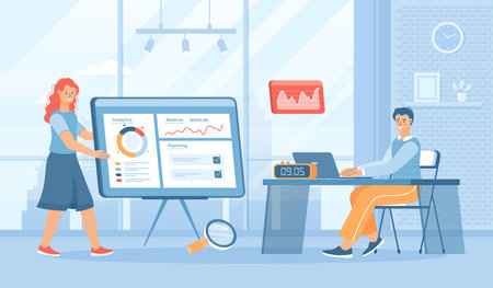 Budget analysis, financial management, cost analysis. Employees doing research and reviewing costs. Flat cartoon vector illustration with people characters for banner, website desiのイラスト素材