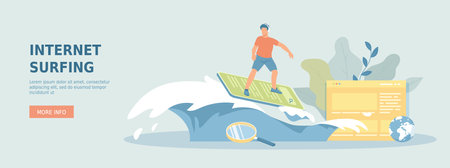 internet surfing. Online Search and Viewing information on the Internet, Browsing. Man riding a wave on a smartphone. Mobile phone as a surf board.のイラスト素材