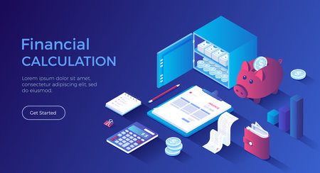 Financial calculations. Bookkeeping, audit, analysis, reporting, accounting. Invoice, piggy bank, safe, money, calculator, receipt. Isometric landing page. Vector web banner.のイラスト素材