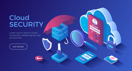 Cloud Security, Data Protecting. Secure backup exchange and encryption. Safe hosting service, authorization, identification. Isometric landing page. Vector web banner.のイラスト素材