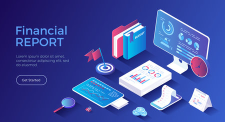 Business Data Analysis, Financial Report. Statistics and business statement. Research of company documents. Isometric landing page. Vector web banner.のイラスト素材