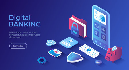 Digital Banking Online Services. Mobile banking and accounting platform. Online financial operations, payment, shopping. Isometric landing page. Vector web banner.のイラスト素材