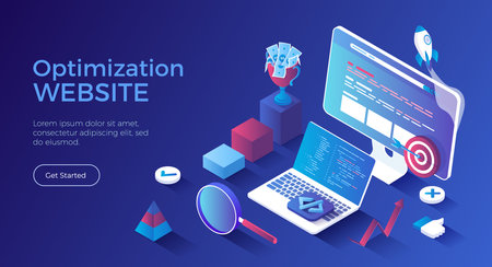 Website Optimization, Search Engine Optimization, SEO strategy. Web analytics, management and marketing. Keywording, Reporting, Links building. Isometric landing page. Vector web bのイラスト素材