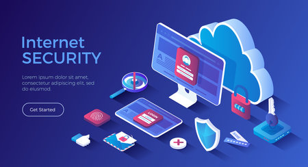 Internet security. Data protection concept. Safety and confidential data protection. Safe internet technologies. Isometric landing page. Vector web banner.のイラスト素材