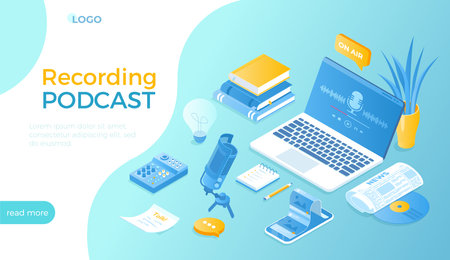 Recording Podcast. Online show, blogging, radio broadcasting, podcasting in internet website. Radio host workplace, microphone, headphones, mixer. Isometric vector illustration forのイラスト素材