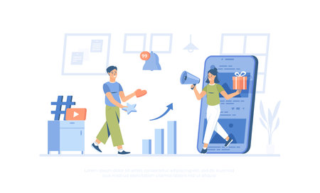 Social Media Marketing SMM concept Digital communication Advertising strategy for promoting brand, goods, services through social networks. Cartoon modern flat vector illustrationのイラスト素材