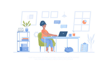 Freelance concept. Online web job, internet worker. Girl works in comfortable environment at home. Cartoon modern flat vector illustration for banner, website design, landing page.のイラスト素材