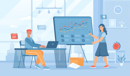 Brainstorming team working on projects, creating a new product. Colleagues discussion, business communication. Flat cartoon vector illustration with people characters for banner, wのイラスト素材