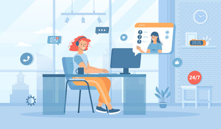Customer service. Operator in headphones consult clients, answers the questions and solve problems. Flat cartoon vector illustration with people characters for banner, website desiのイラスト素材