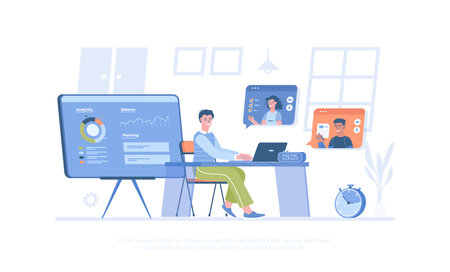 Video business conference. Online meeting, virtual video discussion with colleagues. Cartoon modern flat vector illustration for banner, website design, landing page.のイラスト素材