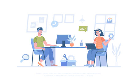 Technical support. Online customer service. Operators in headphones consult clients and solve tech problems. Cartoon modern flat vector illustration for banner, website design, lanのイラスト素材