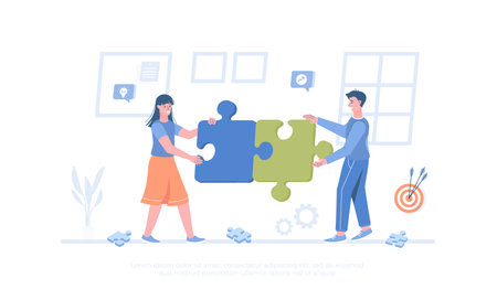 Partnership Teamwork Brainstorming Meeting concept. Business team connecting pieces of puzzles. Cartoon modern flat vector illustration for banner, website design, landing page.のイラスト素材