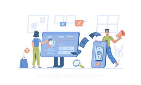 Promotion strategy. Financial profit growth, income analysis, market and business statistics. Cartoon modern flat vector illustration for banner, website design, landing page.のイラスト素材
