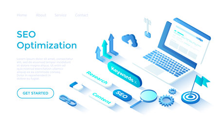 Search Engine Optimization, Keyword Research. Search engine results page on the laptop screen. Isometric illustration. Landing page template for web on white background.のイラスト素材