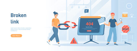 Broken link. Error - Page not found 404, Go back. Link to empty non existing page. Flat concept...