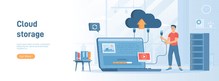 Cloud storage, Internet hosting provider. Man uploads data to cloud service, sync or makes backup....