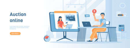 Online Auction. Customer bidding in online auction, auctioneer sells art painting. Flat concept great for social media promotional material. Website banner on white background.のイラスト素材