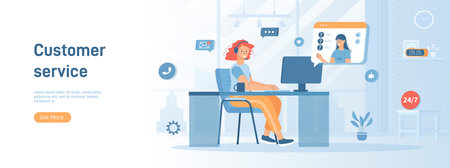 Customer service. Operator in headphones consult clients, answers the questions and solve problems. Flat cartoon vector illustration with people characters for banner, website desiのイラスト素材