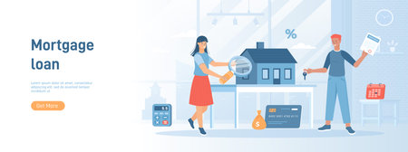 Mortgage, credit agreement. Calculation of loan repayment, home value. Flat concept great for social media promotional material. Website banner on white background.のイラスト素材