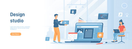 Design studio concept. Designers create content for the website, graphic elements, choose colors and fonts. Flat concept great for social media promotional material. Website bannerのイラスト素材
