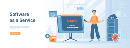 SaaS concept, Software as a service. Cloud computing and storage. Flat concept great for social media promotional material. Website banner on white background.のイラスト素材