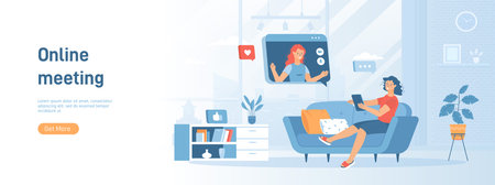 Online friends meeting. Social connection, video call, chatting, zoom conference. Flat concept great for social media promotional material. Website banner on white background.のイラスト素材