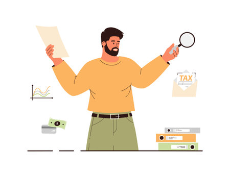 Tax Audit, Calculation, Report. Financial consultant or advisor working with documents, prepares Tax Report. Accounting Concept. Cartoon flat vector illustration.のイラスト素材