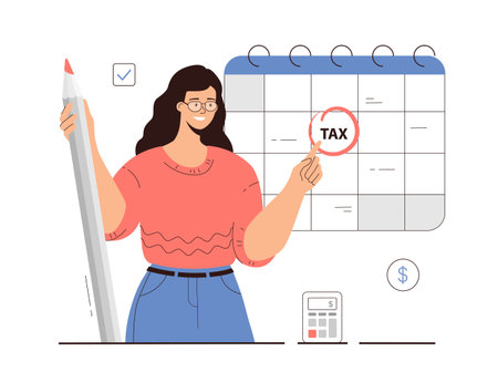 Tax payment deadline, planning payments on calendar schedule, calculation. Concept of regular monthly tax or credit bill pay planning. Woman with big pencil. Cartoon flat vector ilのイラスト素材