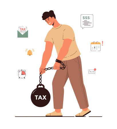 Taxation, High Personal Income Tax Rates. A man hardly lifts a large weight with Tax chained to him. large taxpayers. Cartoon flat vector illustration.のイラスト素材