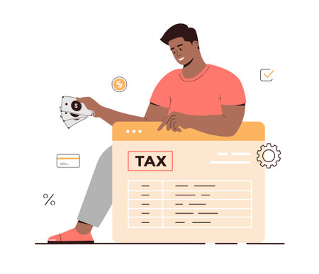 Online tax payment. Government taxation concept. Data analysis, paperwork, financial research, report. Man pay tax bills online on the website. Cartoon flat vector illustration.のイラスト素材
