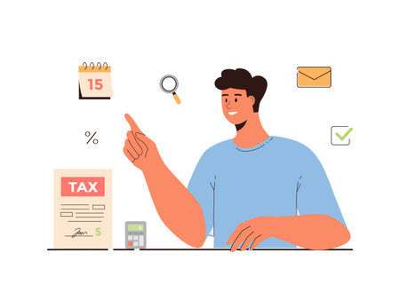 Tax payment vector illustration. Government taxation concept. Data analysis, paperwork, financial research, report. Man with tax form, calendar, calculator, envelope, magnifier.のイラスト素材