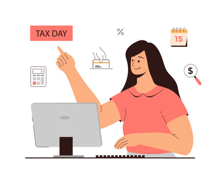 Tax day concept. Government taxation, invoice payment, online banking. Data analysis, paperwork, financial research, report. Woman making transaction using computer.のイラスト素材
