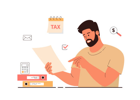 Tax day concept. Government taxation, invoice payment, online banking. Data analysis, paperwork, financial research, report. Man calculates tax. Cartoon flat vector illustration.のイラスト素材