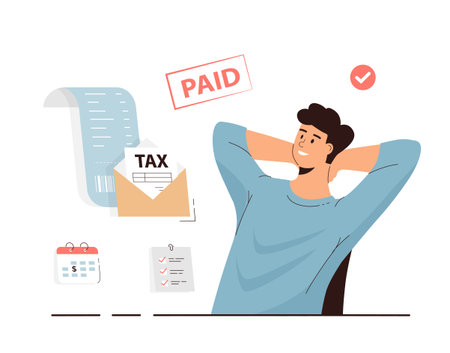 Businessman paid tax concept. Payment of taxes and fees. Happy man with paid stamp bills, tax form, calendar, list. Cartoon flat vector illustration.のイラスト素材