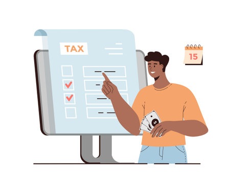 Online tax payment vector illustration. Government taxation concept. Tax calculation, making income tax return. Personal financial account. Man pay tax bills online on the websiteのイラスト素材