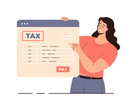 Online tax payment. Government taxation concept. Data analysis, paperwork, financial research, report. Woman pay tax bill online on the website. Cartoon flat vector illustration.のイラスト素材