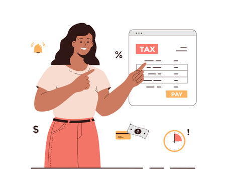 Online tax payment. Government taxation concept. Tax calculation, making income tax return. Personal financial account. Woman pay tax bill online on the website form. Cartoon flatのイラスト素材
